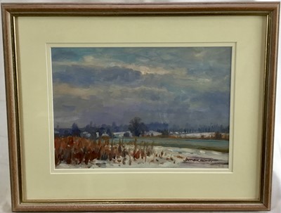Lot 34 - James Hewitt (b. 1934) - ‘Light snow at Great Totham’, signed and titled verso, 33cm x 23cm, in double mount, glazed frame