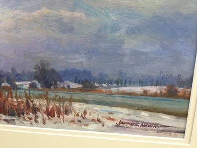 Lot 34 - James Hewitt (b. 1934) - ‘Light snow at Great Totham’, signed and titled verso, 33cm x 23cm, in double mount, glazed frame