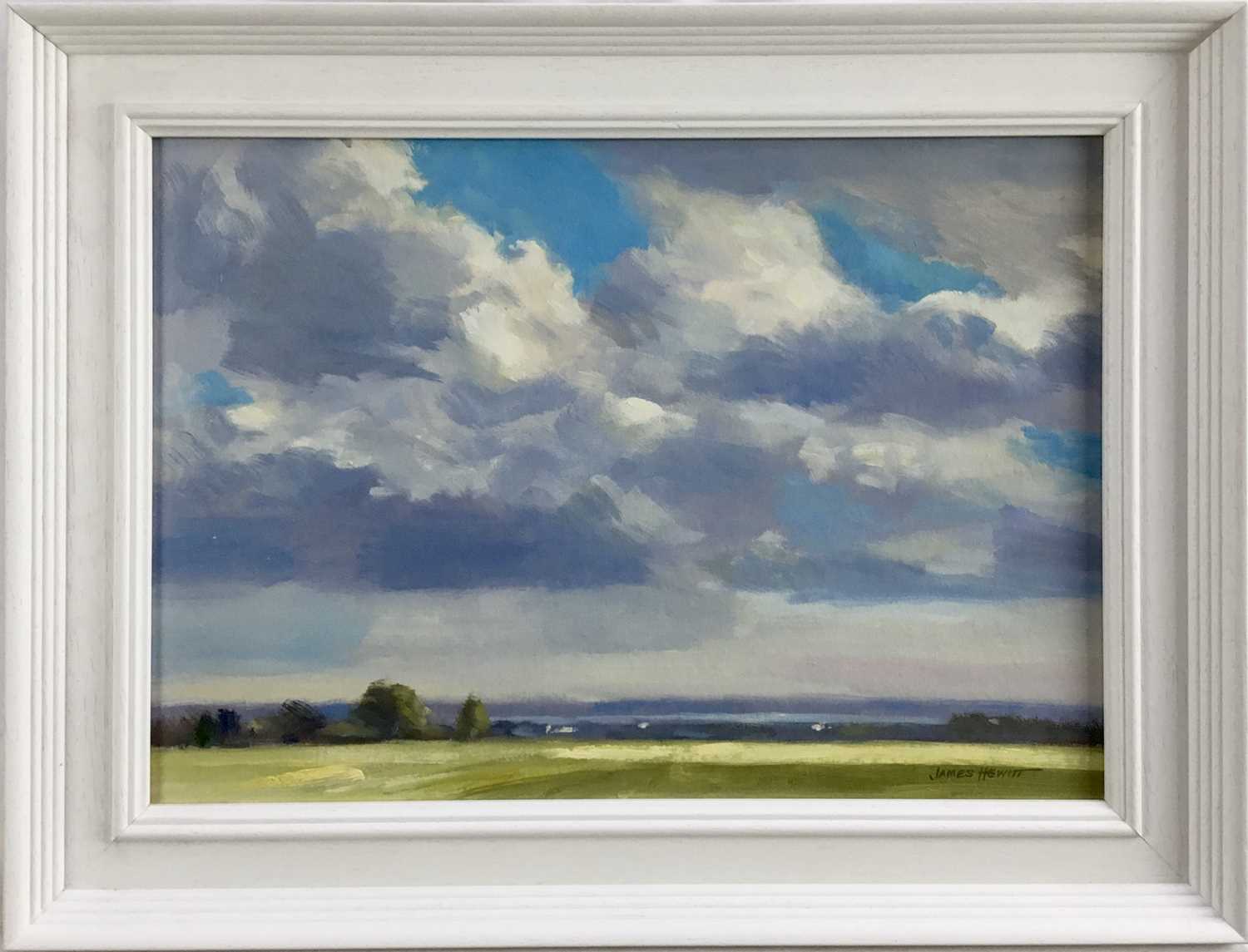 Lot 35 - James Hewitt (b. 1934) oil on board - ‘The Distant Blackwater, from Gt Braxted’, signed, titled verso, 40cm x 28cm, framed