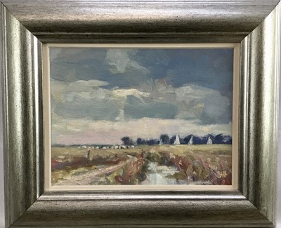 Lot 37 - James Hewitt (b. 1934) oil on board - 'Norfolk Landscape', monogrammed, signed and titled verso, 20.5cm x 15.5cm, framed