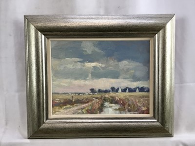 Lot 37 - James Hewitt (b. 1934) oil on board - 'Norfolk Landscape', monogrammed, signed and titled verso, 20.5cm x 15.5cm, framed