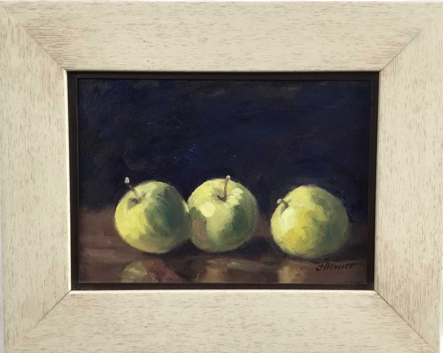 Lot 40 - James Hewitt (b. 1934) oil on board - ‘Three Small Apples’, signed, 19cm x 13.5cm, framed