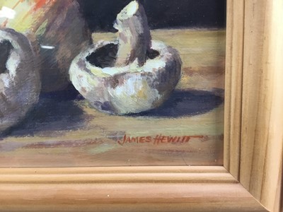 Lot 42 - James Hewitt (b. 1934) oil on board - ‘Study of mushrooms and onion’, signed, dated 2010 verso, 19cm x 14cm, in glazed frame