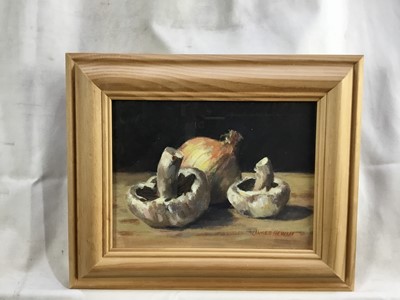 Lot 42 - James Hewitt (b. 1934) oil on board - ‘Study of mushrooms and onion’, signed, dated 2010 verso, 19cm x 14cm, in glazed frame