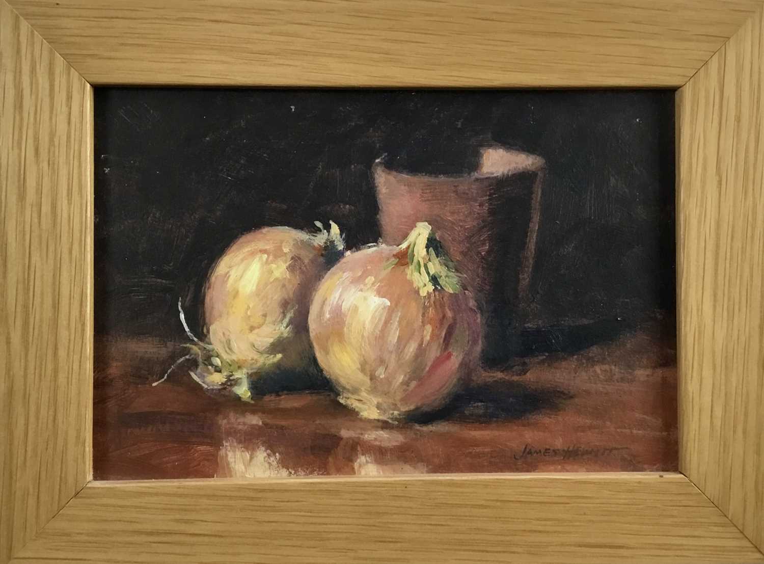 Lot 43 - James Hewitt (b. 1934) oil on board - study of onions, signed, 22.5cm x 15cm, framed