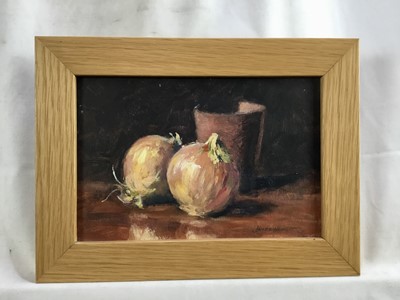 Lot 43 - James Hewitt (b. 1934) oil on board - study of onions, signed, 22.5cm x 15cm, framed