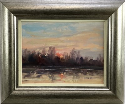 Lot 46 - James Hewitt (b. 1934) two works, oil on board - ‘Winter Sunset, Little Braxted’, signed, 20.5cm x 15cm and ‘Woodland Sunlight’, 21cm x 14cm, both framed