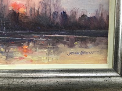 Lot 46 - James Hewitt (b. 1934) two works, oil on board - ‘Winter Sunset, Little Braxted’, signed, 20.5cm x 15cm and ‘Woodland Sunlight’, 21cm x 14cm, both framed