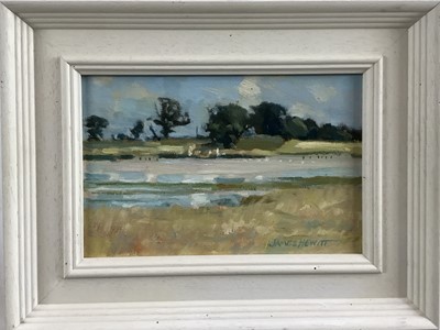 Lot 47 - James Hewitt (b. 1934) two works, oil on board - ‘Oaks at Blythburgh’, signed, 22cm x 14cm and ‘A Lake in Summer’, signed, 28.5cm x 20cm both framed