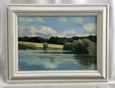Lot 47 - James Hewitt (b. 1934) two works, oil on board - ‘Oaks at Blythburgh’, signed, 22cm x 14cm and ‘A Lake in Summer’, signed, 28.5cm x 20cm both framed