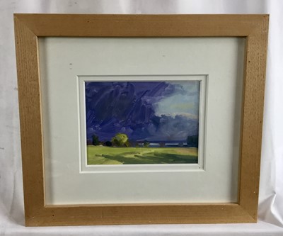 Lot 48 - James Hewitt (b. 1934) two works, oil on board - ‘Passing Rain Gt Totham’ signed, 20cm x 16cm and similar landscape of an approaching storm, signed, 19cm x 14cm