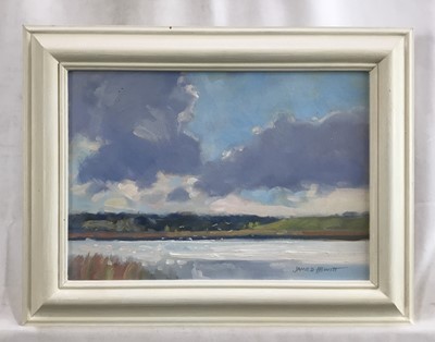 Lot 52 - James Hewitt (b. 1934) two works, oil on board - ‘Incoming Tide’, monogrammed, 20cm x 15cm and ‘October Sky, Blythburgh’, signed, 29cm x 20cm both framed