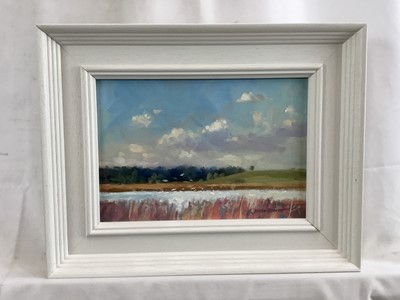 Lot 53 - James Hewitt (b. 1934) two works, oil on board - ‘Distant River, Evening Cloud’, monogrammed, 16cm x 12cm  and ‘Blythburgh Marshes’, signed 22.5cm x 15cm both framed