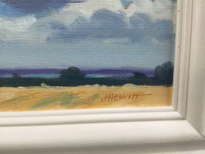 Lot 54 - James Hewitt (b. 1934) two works, oil on board - ‘August Sky over the Blackwater’, signed, 19cm x 14cm and ‘March Sky over the Blackwater’, signed, 34.5cm x 25cm both framed