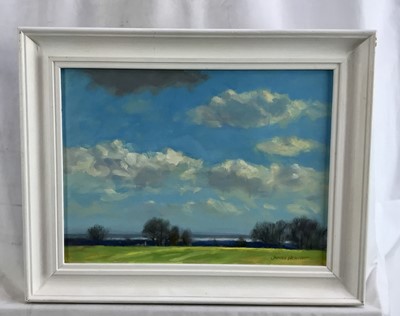 Lot 54 - James Hewitt (b. 1934) two works, oil on board - ‘August Sky over the Blackwater’, signed, 19cm x 14cm and ‘March Sky over the Blackwater’, signed, 34.5cm x 25cm both framed