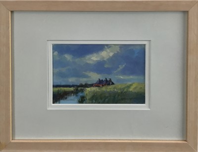 Lot 56 - James Hewitt (b. 1934) oil on board - ‘The Old Saltcote Mill 1970’s sunlight and shadow’, signed, titled verso, 17cm x 11cm in glazed frame