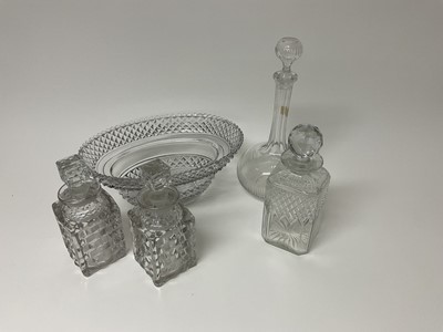 Lot 116 - Good quality Regency cut glass bowl/liner, pair of decanters and two other Edwardian cut glass decanters (5)