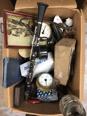Lot 55 - Box of sundry items, including a Boosey clarinet, gauges, books, etc