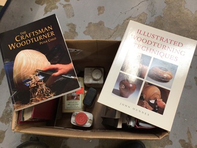 Lot 56 - Books and magazines on woodturning, together with wood polish and a visor
