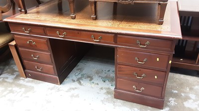 Lot 1266 - Georgian style mahogany twin pedestal partners desk with inset tooled leather lined top and drawers below, 168cm wide, 107cm deep, 80cm high