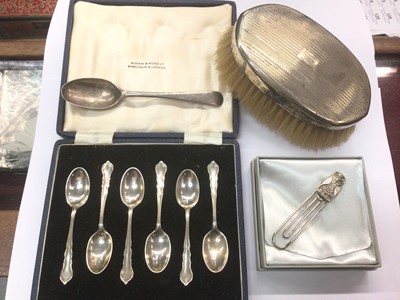 Lot 1022 - Set of six Mappin & Webb silver coffee spoons in orignal fitted case, silver owl bookmark, silver backed hand brush and one silver teaspoon