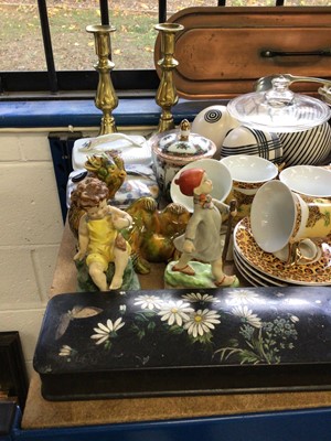 Lot 62 - Group of china, glassware, metalware, textiles, etc, including a Royal Worcester candle snuffer and other figures, a small Meissen figure, etc