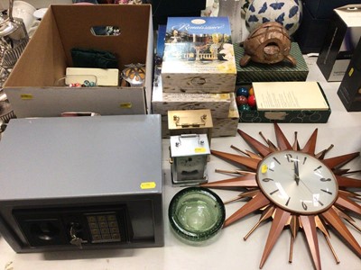 Lot 361 - Starburst wall clock, two other time pieces, boxed glassware, electronic digital safe, collection of marbles, bijouterie and sundries