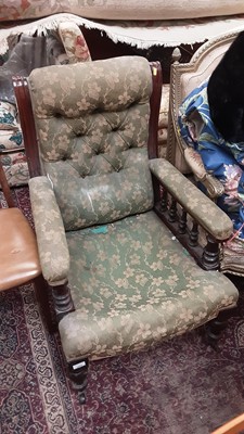 Lot 1292 - Two Victorian mahogany framed chairs with green upholstery on turned front legs and a brass standard lamp