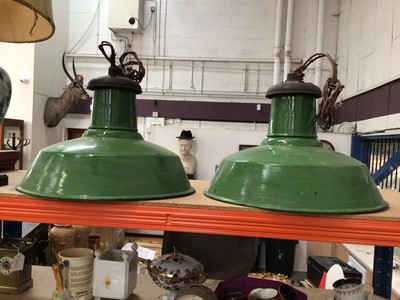 Lot 86 - Pair of green enamel pendant ceiling lights, 41cm diameter