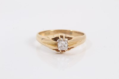 Lot 679 - 18ct gold diamond single stone ring with a cushion shape old cut diamond in heavy gold claw setting