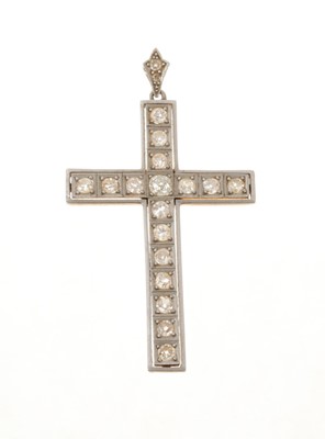 Lot 684 - Diamond cross pendant with seventeen old cut diamonds in white metal grain setting