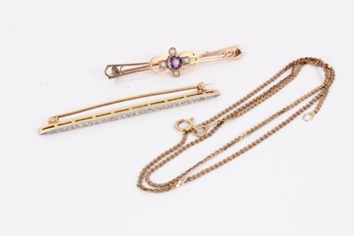 Lot 694 - Edwardian yellow and white gold diamond bar brooch, Edwardian amethyst and seed pearl bar brooch and a 9ct gold chain (3)