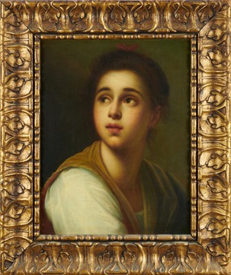 Lot 1209 - Continental School, 19th century, oil on canvas - quarter length portrait, 46cm x 36cm, in gilt frame