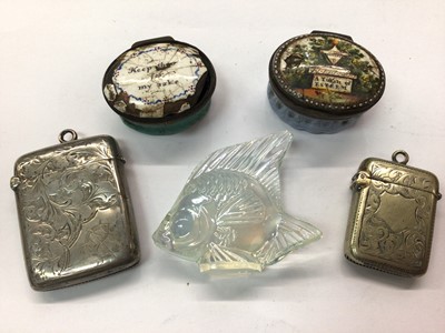 Lot 430 - Two 19th century enamel patch boxes, silver vesta, another plated vesta and modern Lalique fish paperweight