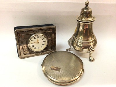 Lot 1050 - Silver pepperette, silver compact and silver mounted bedside clock