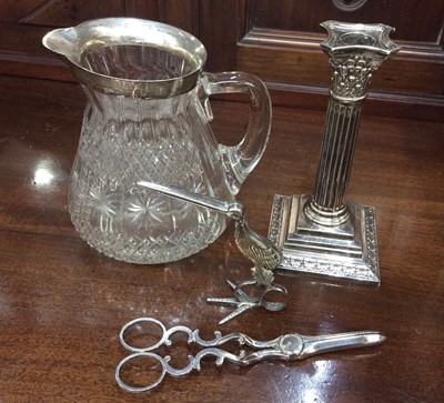 Lot 1051 - Silver mounted cut glass jug, good quality silver plated candlestick and two pairs of plated scissors