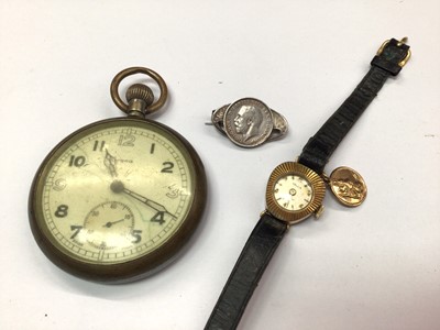 Lot 1071 - Second World War Grana G.S.T.P. Wristwatch, together with a Charles Horner silver brooch, later set with a coin and a gold plated watch with 9ct gold charm.