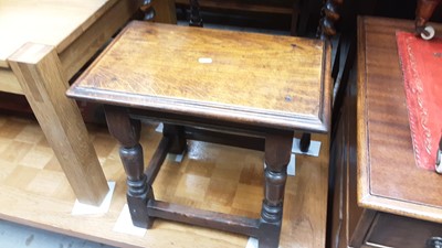 Lot 1319 - Oak joint stool on turned and block legs joined by stretchers together with a mahogany oval swing mirror (2)