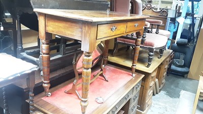 Lot 1087 - Late Victorian two drawer side table on turned legs with ceramic castors, 105cm wide, 52cm deep, 72cm high