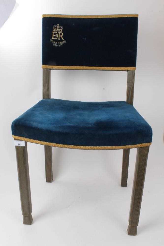 Lot 107 - Elizabeth II limed oak Silver Jubilee chair, with back and seat upholstered in velvet
