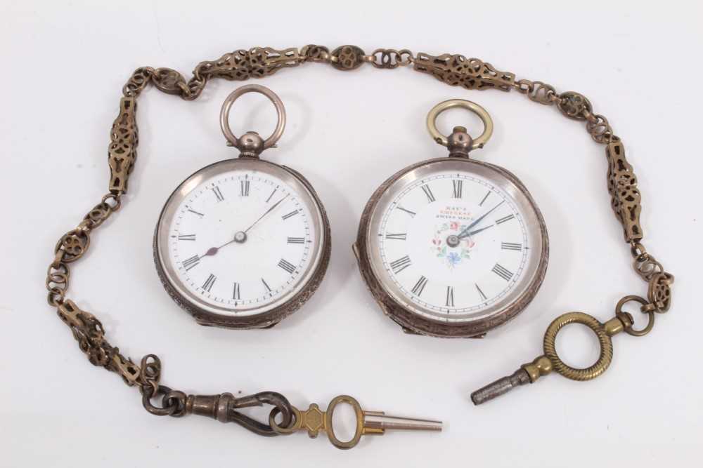Lot 143 - Two silver cased fob watches and a Victorian gilt metal watch chain