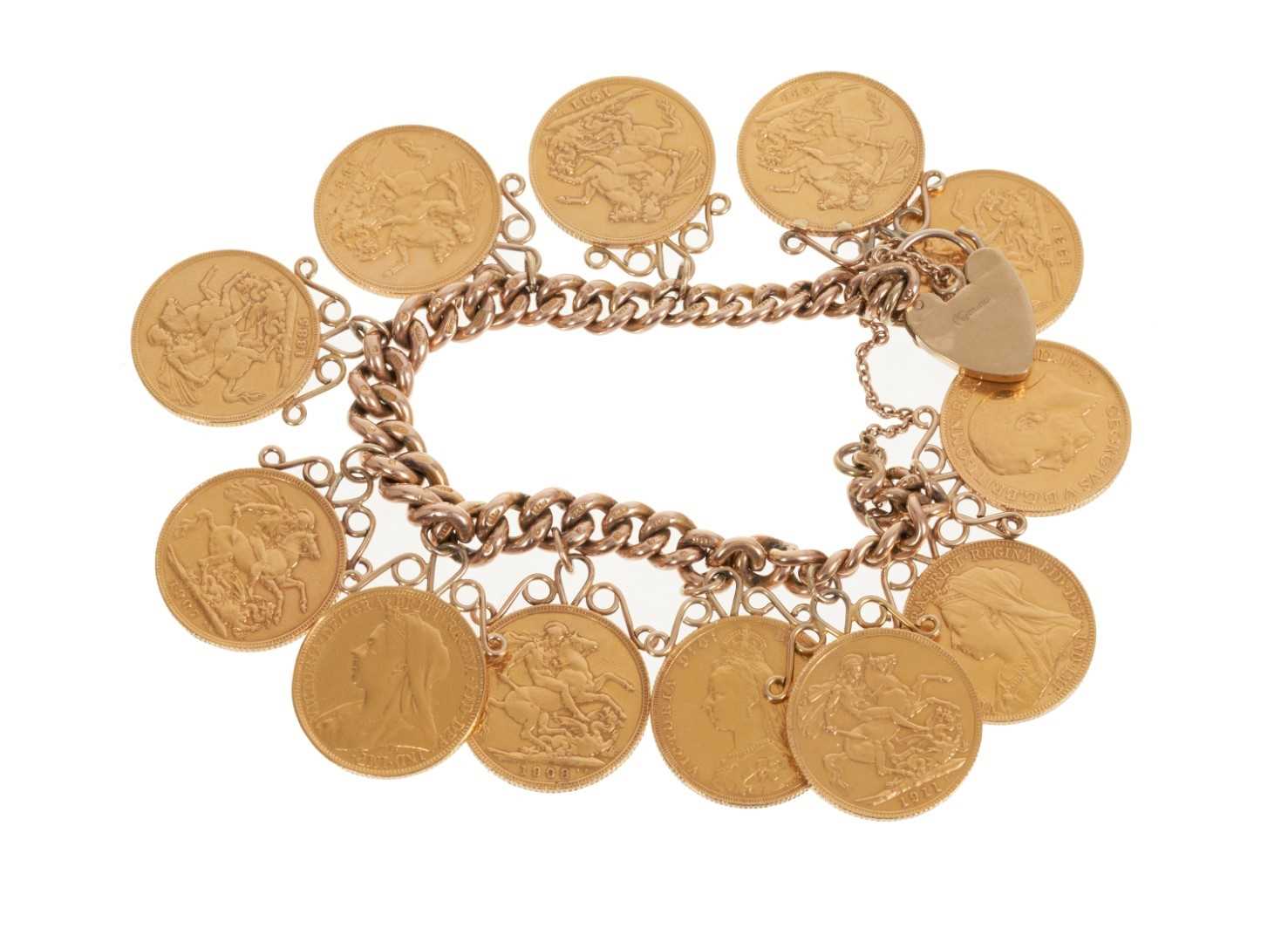 Lot 803 - Gold sovereign bracelet with 12 gold full sovereigns