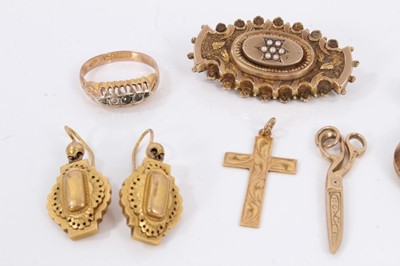 Lot 146 - Pair Victorian 15ct gold drop earrings, Victorian seed pearl brooch, 9ct gold ring, 9ct gold cross and scissors charm, 9ct gold chain and Rotary 9ct gold cased wristwatch on expandable plated brace...