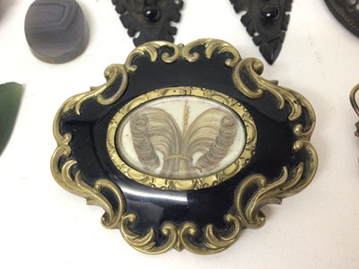 Lot 147 - Victorian mourning brooch dated 1851, cameo brooch, agate panels, Victorian 'Hope Faith Charity' jet locket pendant and other similar jewellery