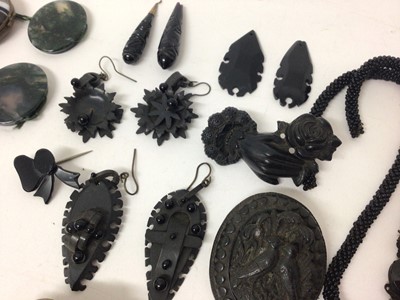 Lot 147 - Victorian mourning brooch dated 1851, cameo brooch, agate panels, Victorian 'Hope Faith Charity' jet locket pendant and other similar jewellery
