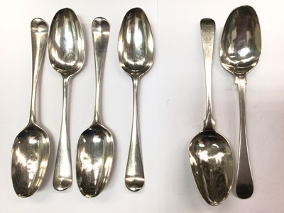 Lot 1053 - Four George III Hanoverian pattern silver tablespoons, together with two others (6)