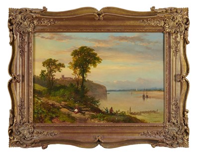 Lot 1207 - John Syer (1815-1885) oil on canvas - figures beside an estuary, signed and dated '52, indistinctly inscribed verso, 36cm x 51cm, in gilt frame