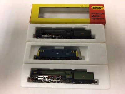 Lot 4 - Minitrix N gauge locomotives including Flying Scotsman 4-6-0 12949, Evening Star 2-10-0 12041, plus three others and a selection of carriages and rolling stock (qty)