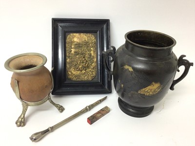Lot 389 - Oriental bronze vase, mate cup and bombilla straw, soapstone seal and a relief picture