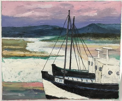 Lot 72 - *John Hanbury-Pawle (1915-2010) oil on canvas - moored vessels with hills beyond, signed, 61cm x 51cm, unframed